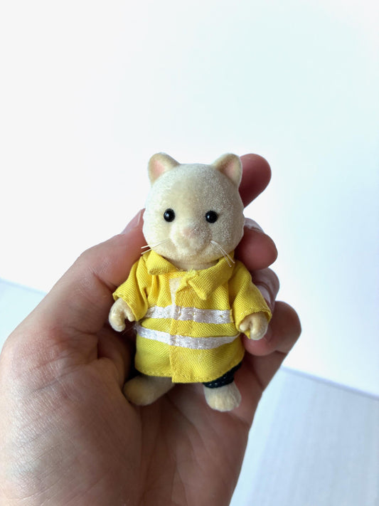 Sylvanian Families Lollipop Man, cream Chantilly cat in yellow hi-vis jacket held in hand, Calico Critters crossing guard figure