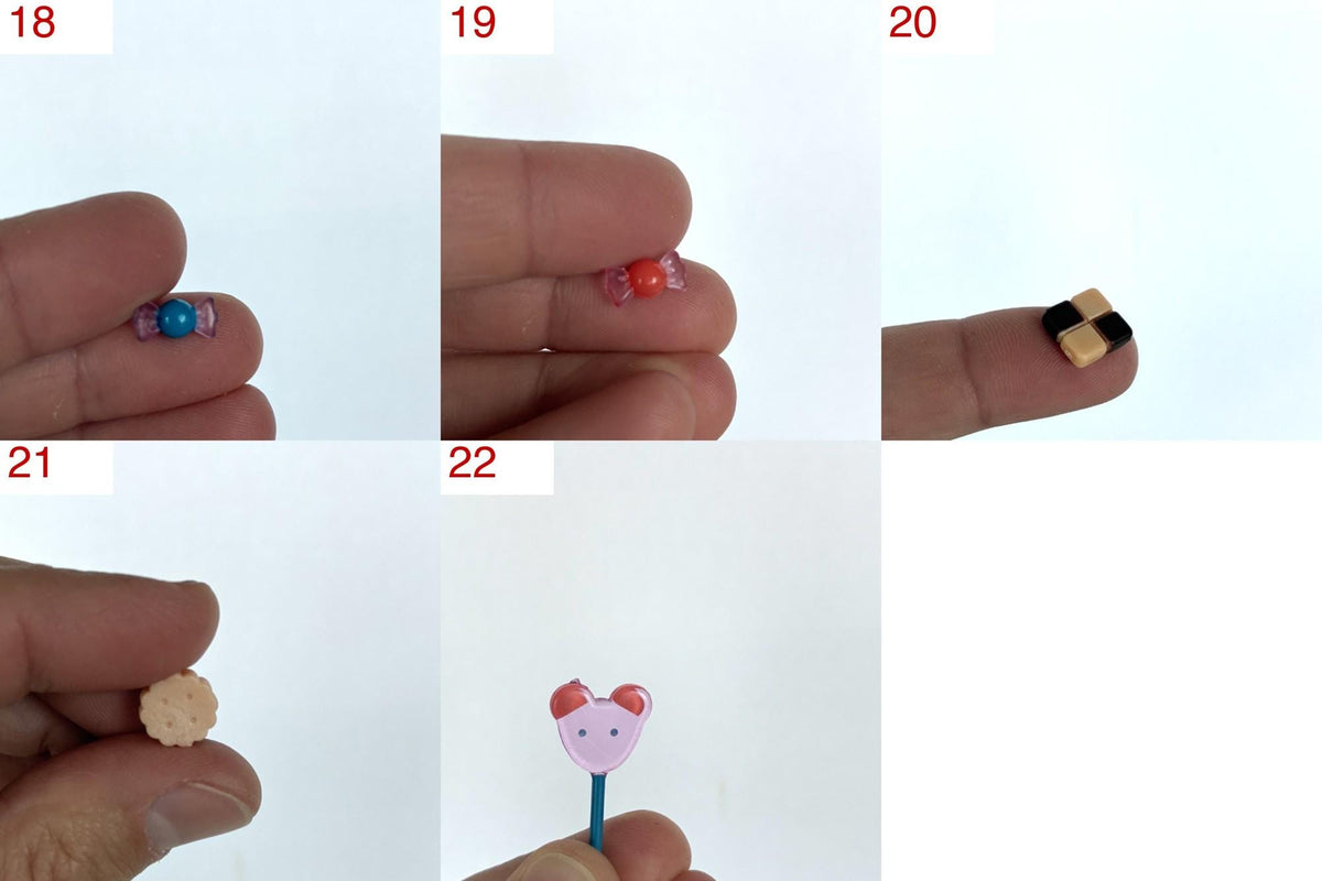 Calico Critters Sylvanian Families Candy Cart spares options 18, 19, 20, 21, 22: Blue Wrapped Candy, Red Wrapped Candy, Checkered Cookie, Round Cookie, Lollipop with Ears