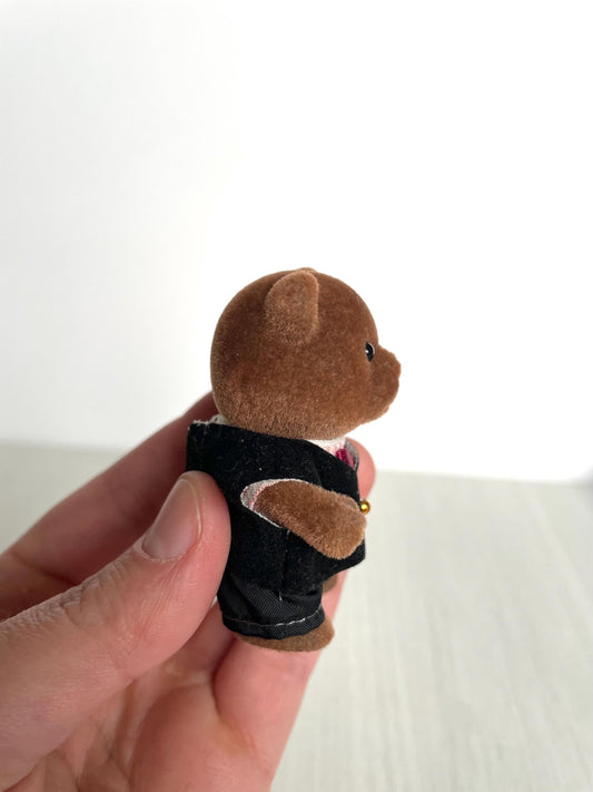 Vintage Sylvanian Page Boy timbertop bear, discontinued wedding figurine, Calico Critters Peter Wedding Pageboy brown bear in tuxedo