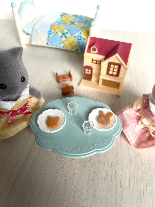 Miniature Calico Critters dollhouse and girl's bedroom set with blue bed, tea time party table & grey Persian cat girl + sweet pea rabbit — Sylvanian Families