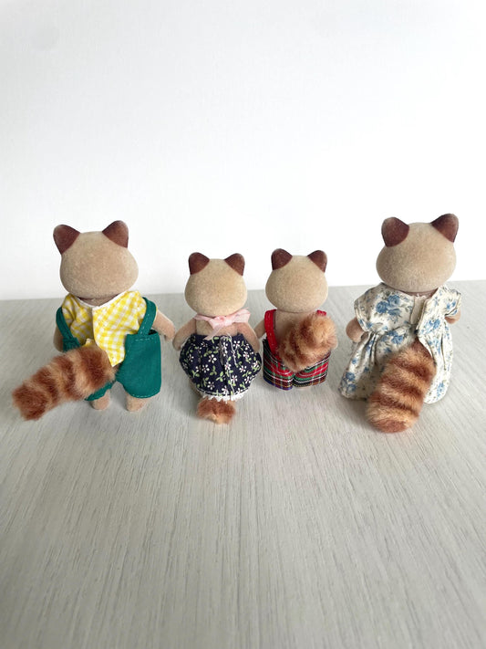 Mulberry Raccoon Family, Calico Critters Sylvanian Families vintage and discontinued in original clothes