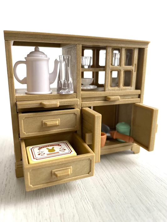 Sylvanian Families kitchen dish cabinet with glassware — vintage Calico Critters furniture