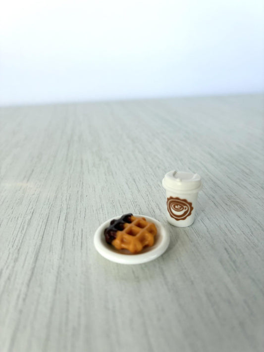 Calico Critters Sylvanian Families waffle on plate and takeaway latte cup, miniature cafe food