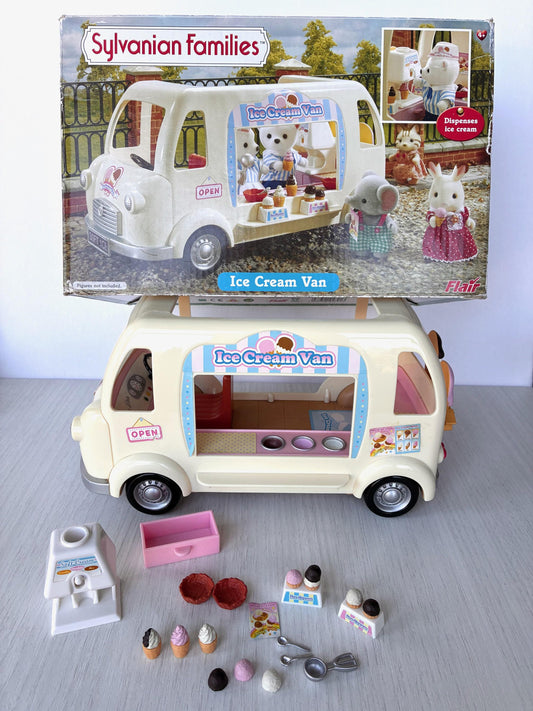 Sylvanian Families Calico Critters Ice Cream Van (Flair 4791) boxed set with van, soft serve machine and all ice cream accessories laid out in front of the original box