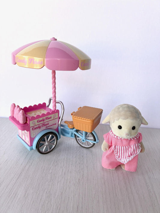 Sylvanian Families Calico Critters Dolly's Candy Floss (Flair 4678) Dolly Dale and candy floss cart with umbrella, angled view