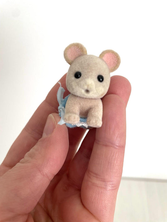 Close view of the Maces Mouse baby's face, pink ears and nose — Calico Critters and Sylvanian Families