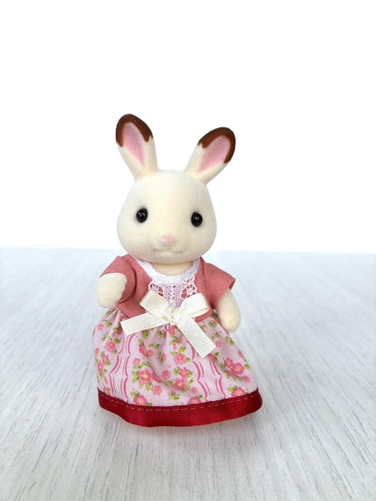 Calico Critters Sylvanian Families Hopscotch Chocolate rabbit mother in pink floral dress with bow, front view
