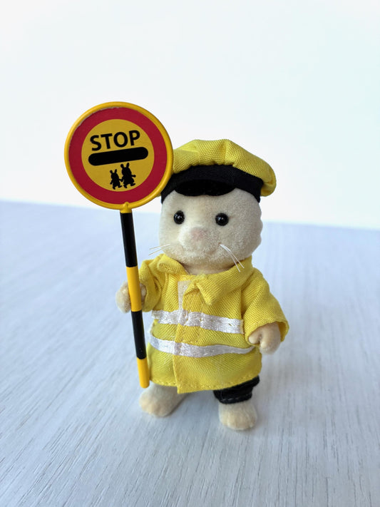 Calico Critters Lollipop Man, Maurice Chantilly cat holding a STOP sign, vintage Sylvanian Families school crossing guard in yellow hi-vis coat and cap, front view