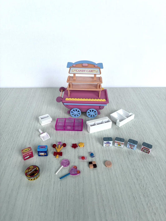 Calico Critters Sylvanian Families Candy Cart spares you pick, cart, tins, boxes, lollipops and candies laid out