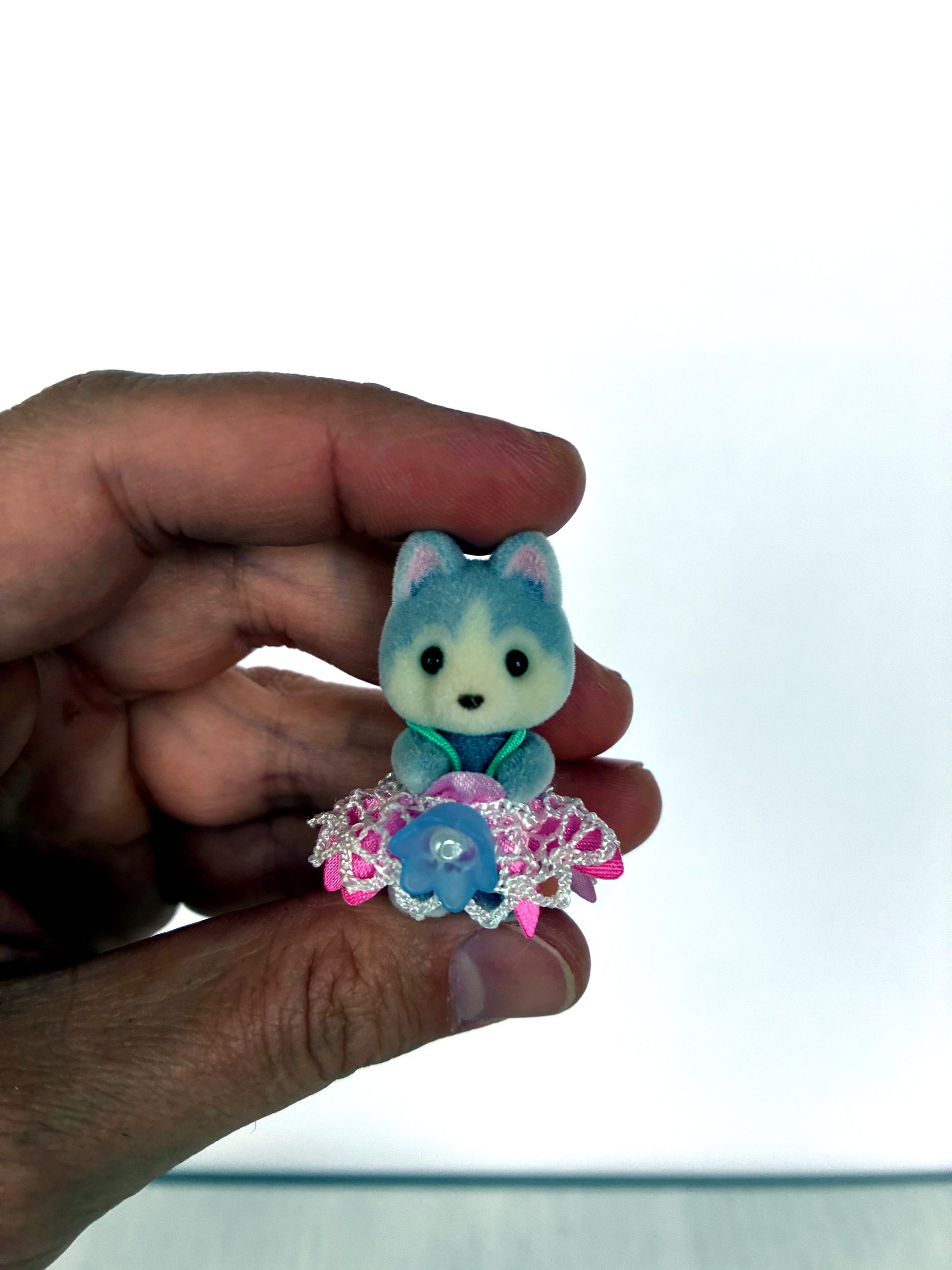Calico Critters Sylvanian Families Husky baby in Flowering Princesses lace petal dress, front view