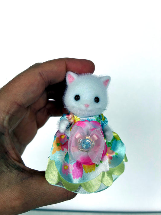 Calico Critters Sylvanian Families Persian Cat girl in Flowering Princesses rainbow flower dress, front view