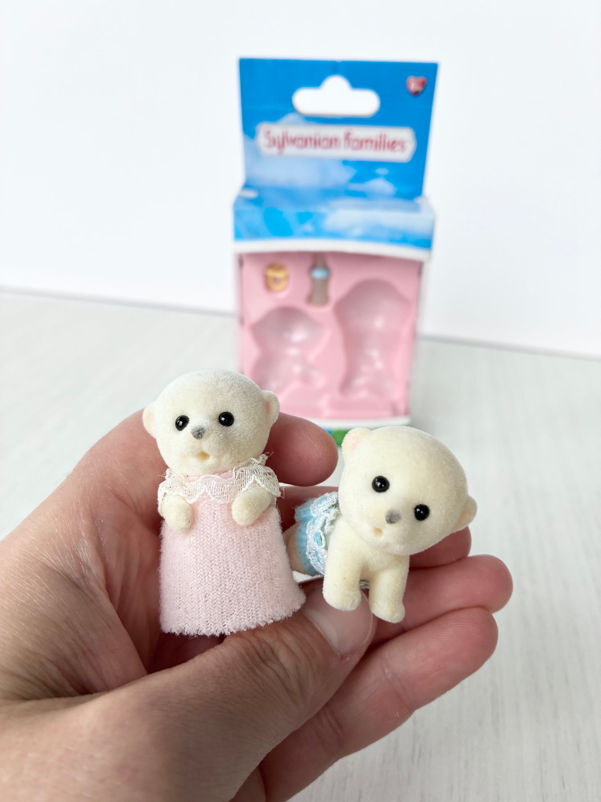Calico Critters Sylvanian Families polar bear baby twins in pink and blue outfits