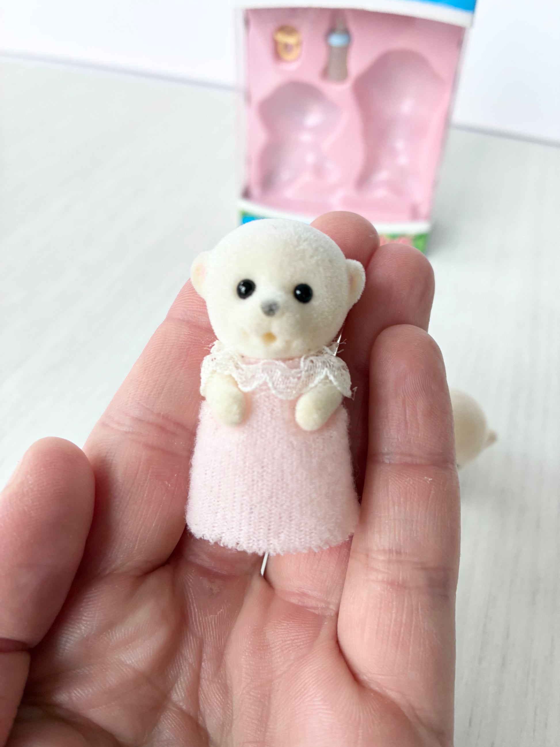 Calico Critters Sylvanian Families polar bear baby in pink lace outfit