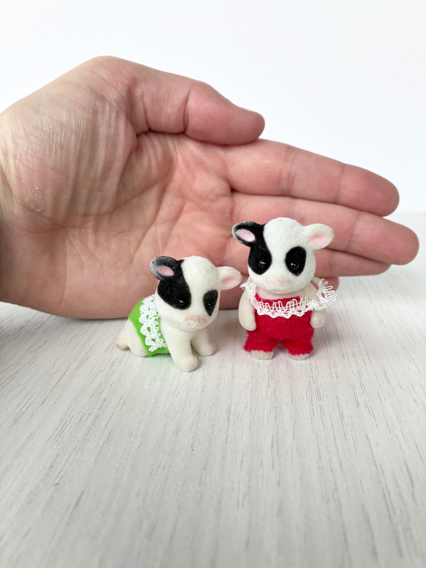 Calico Critters Sylvanian Families cow baby twins held in hand for scale, crawling pose calf in green and standing articulated calf in red