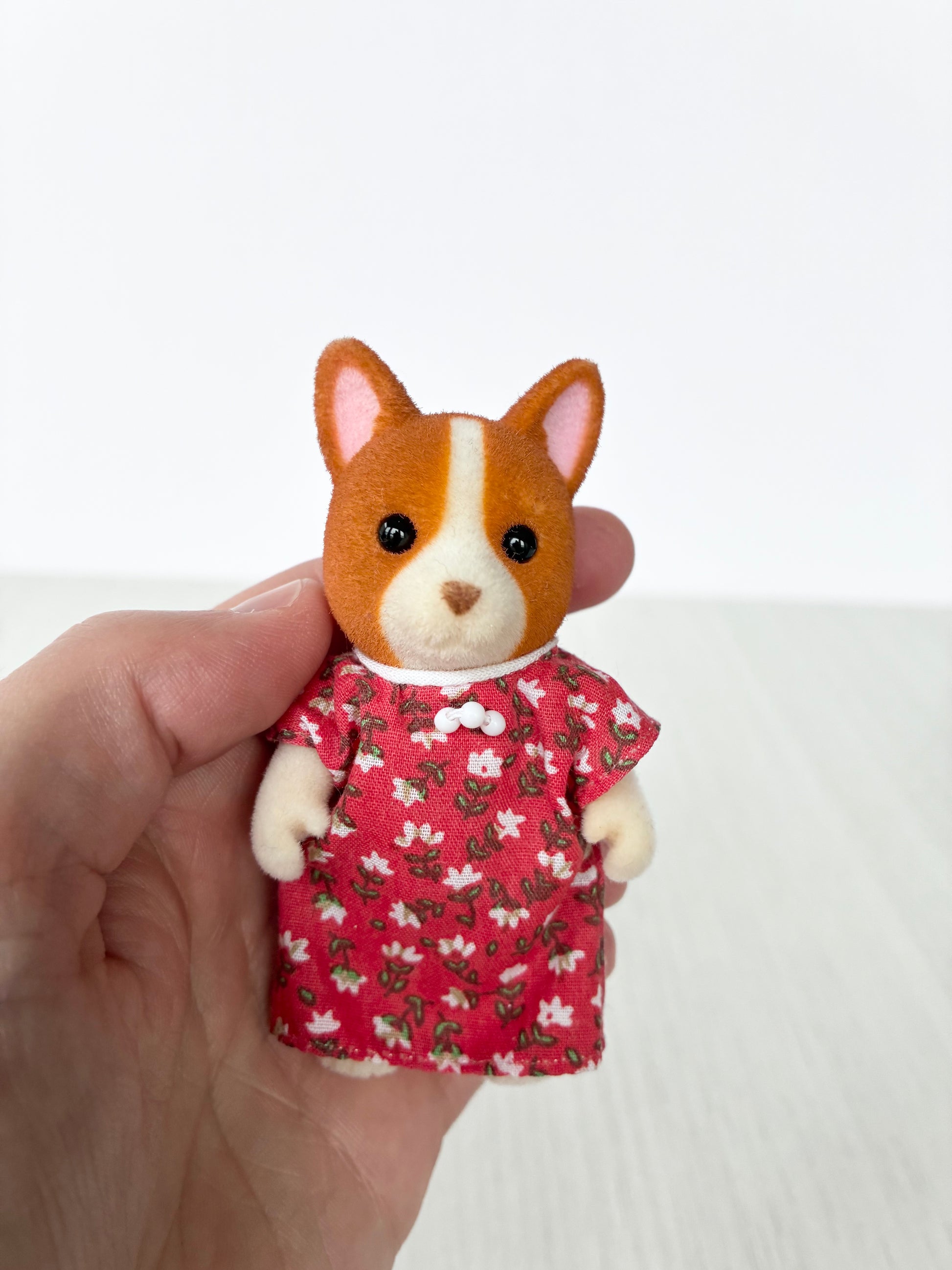 Calico Critters Sylvanian Families corgi mother figure in red floral dress