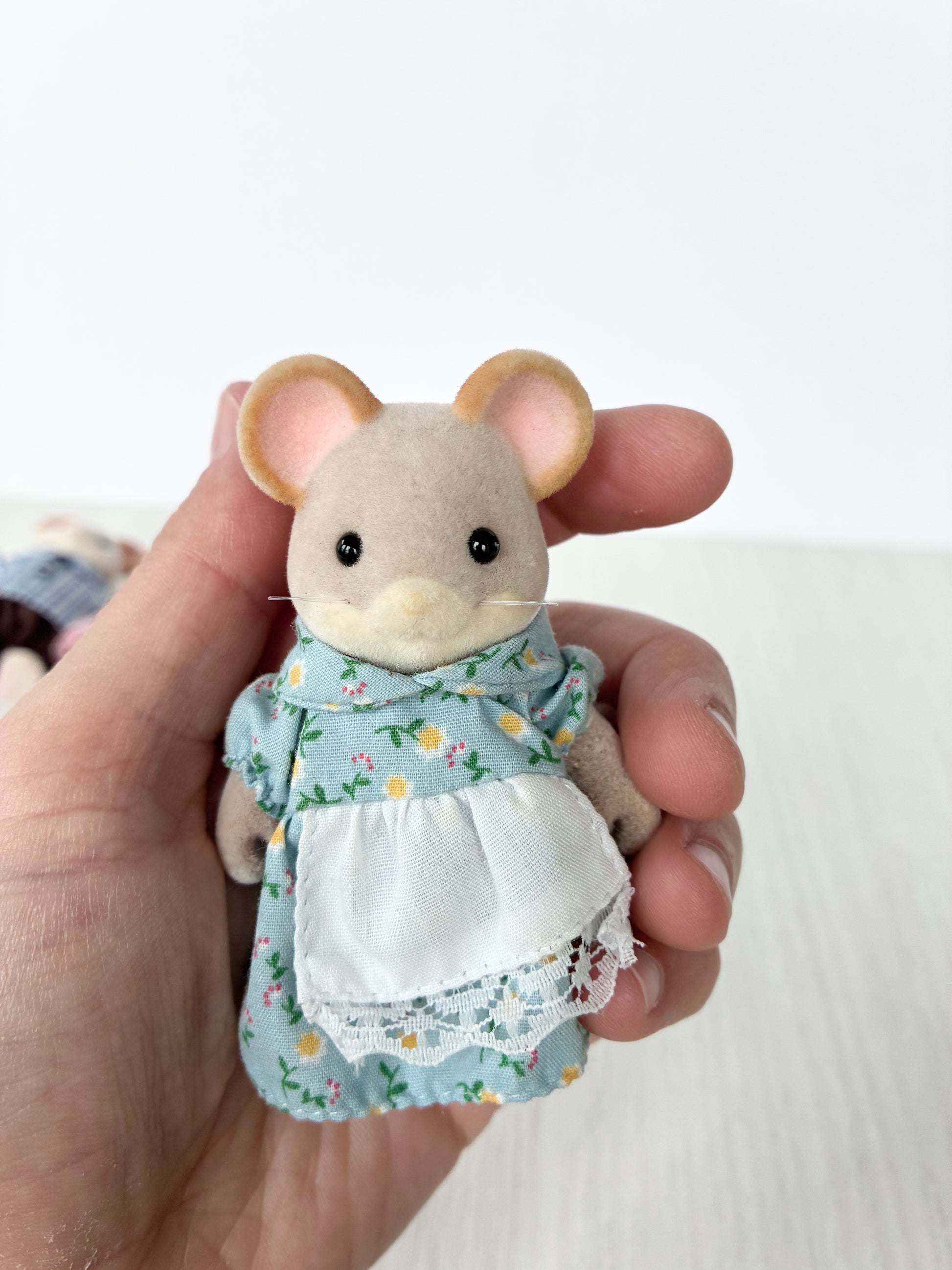 Calico Critters Sylvanian Families mouse mother in blue floral dress with apron