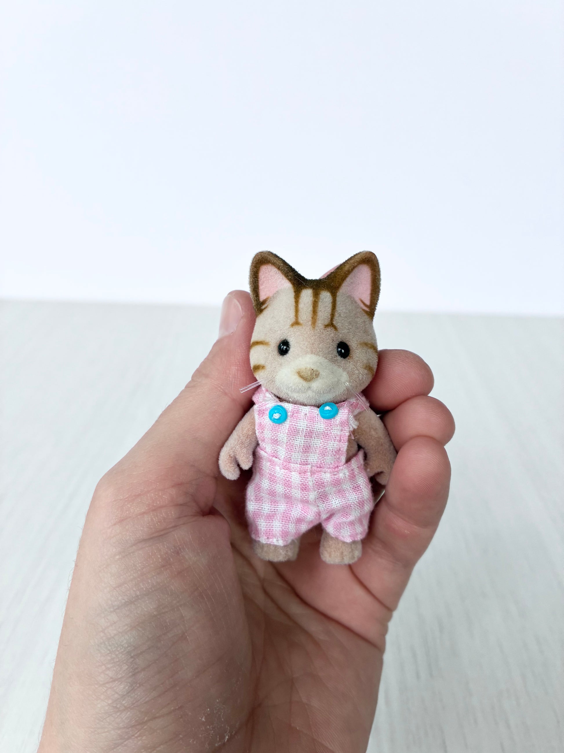 Calico Critters Sylvanian Families striped tabby cat baby boy in pink gingham overalls