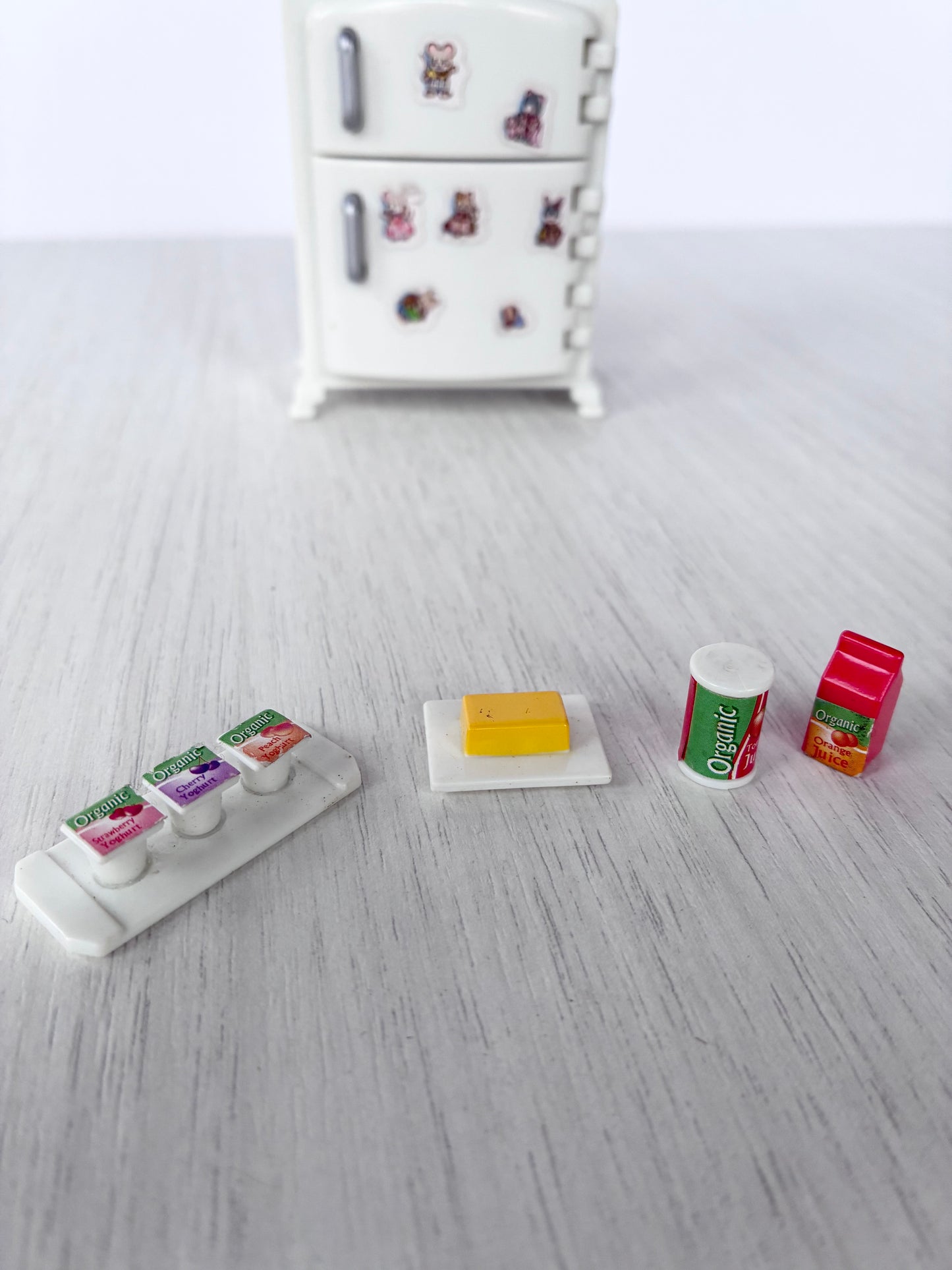 Calico Critters Sylvanian Families refrigerator styled with butter and drink cartons