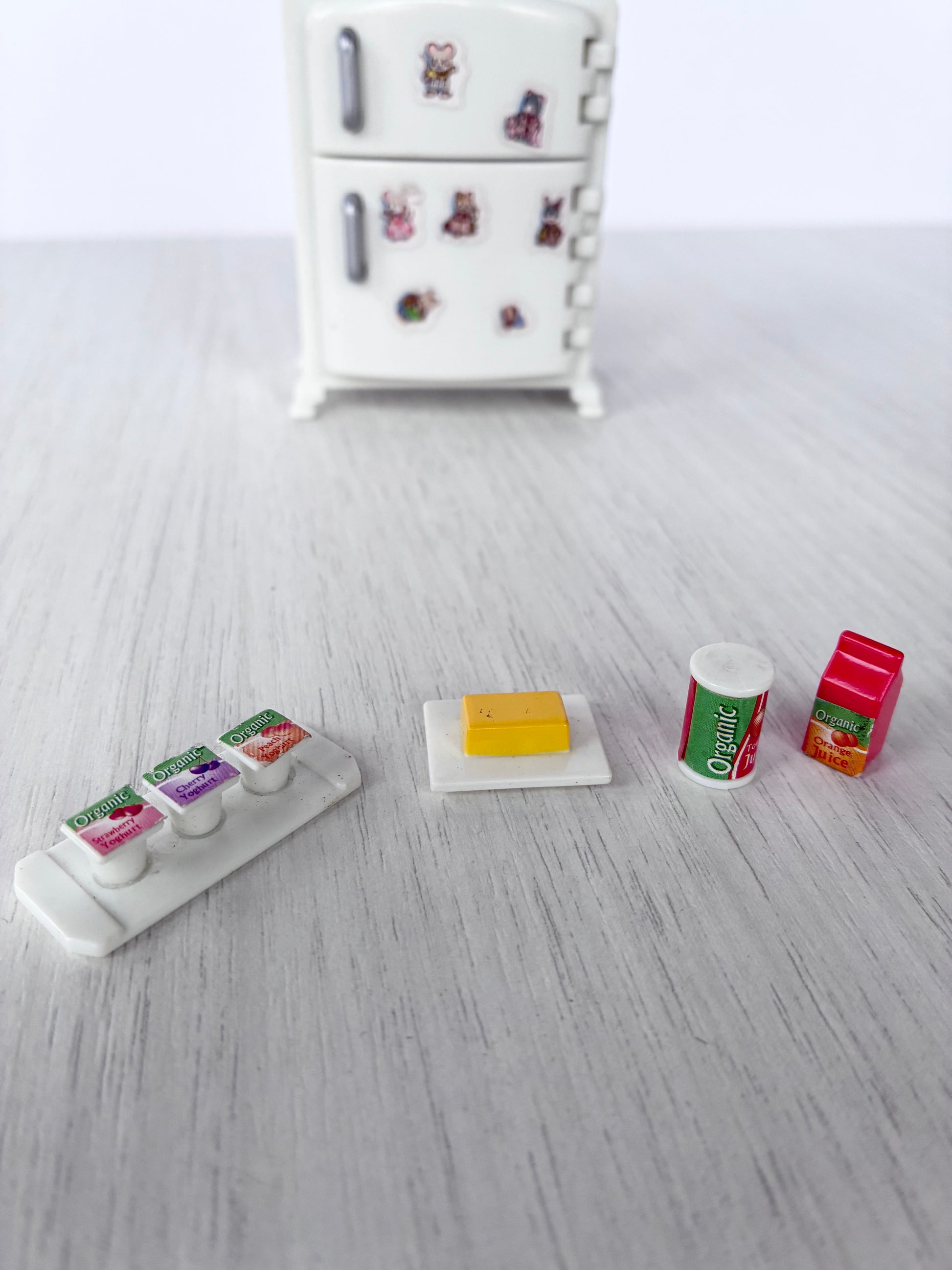 Calico Critters Sylvanian Families refrigerator styled with butter and drink cartons