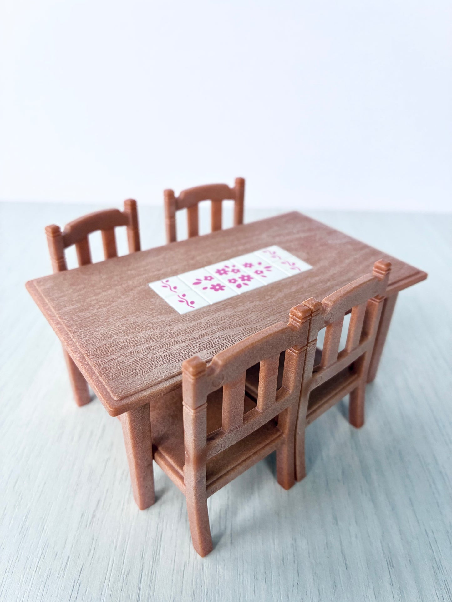 Complete Calico Critters Sylvanian Families dollhouse dining room table with four chairs