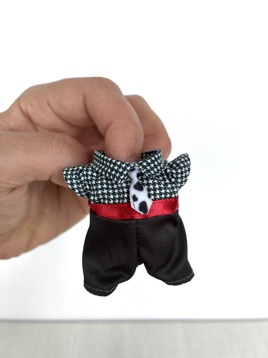Calico Critters Sylvanian Families houndstooth shirt with cow print tie and black trousers, dad outfit
