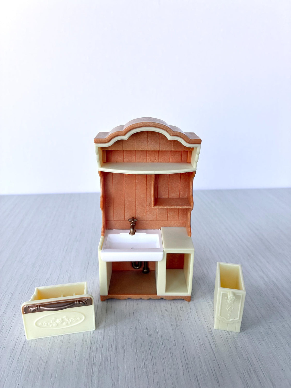 Miniature dollhouse kitchen sink unit, Calico Critters Kitchen Play Set, Sylvanian Families - unit with the drawer and cupboard door removed