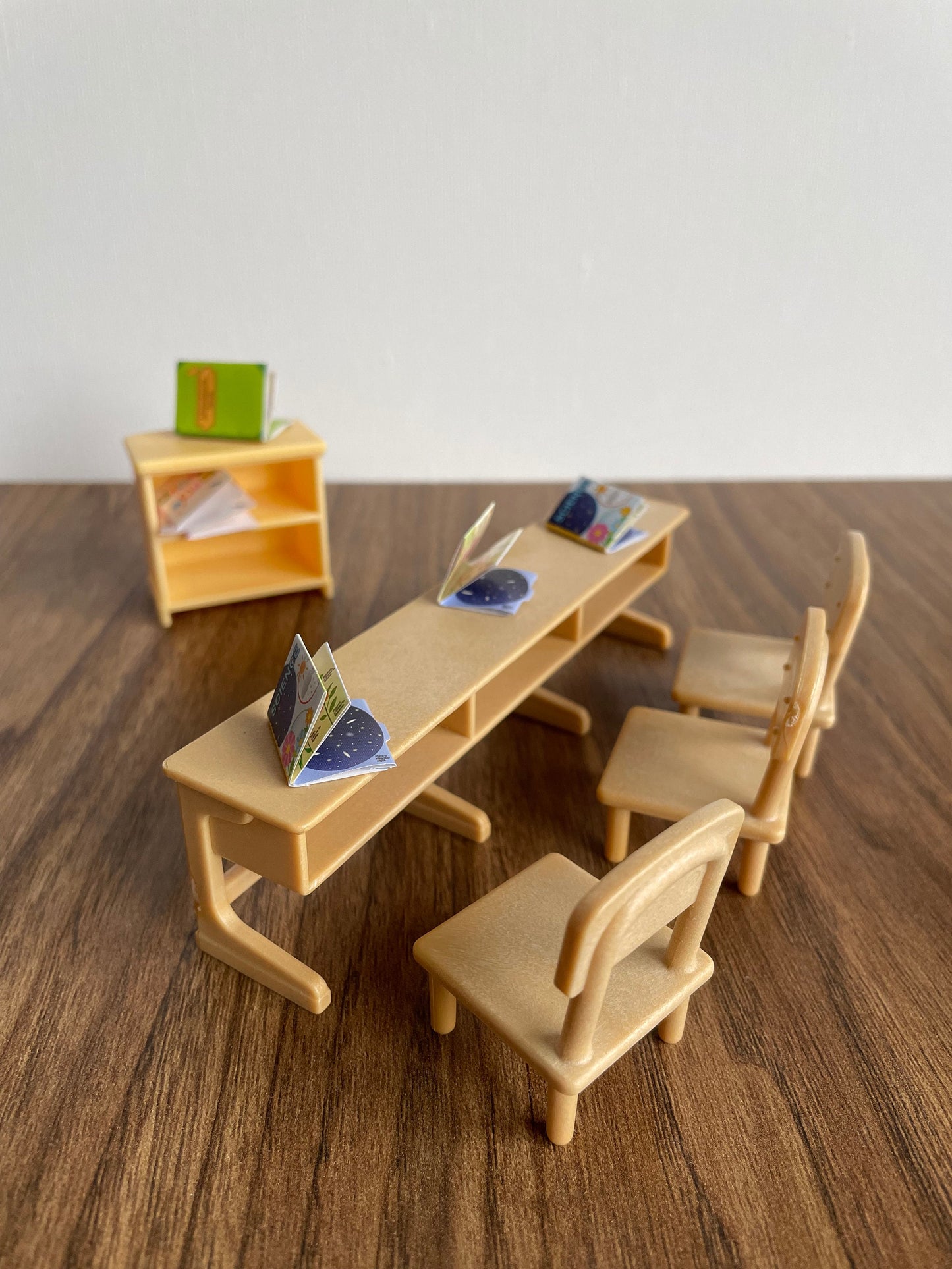Vintage Sylvanian Families Country School spares — desks, chairs, workbooks and podium, Calico Critters