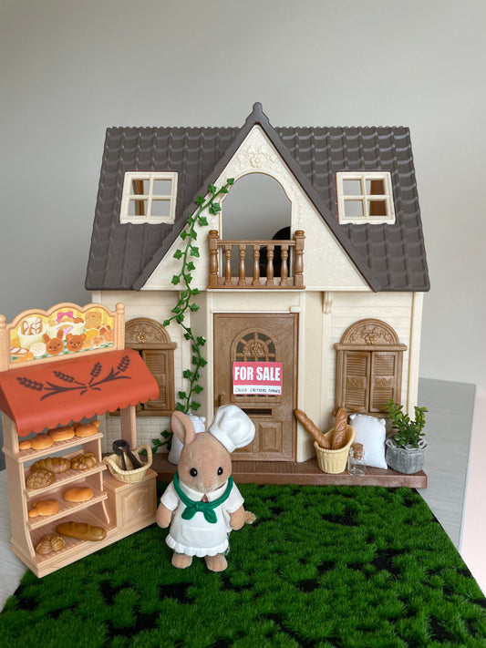 Custom Calico Critters bakery shop hand-painted red roof cottage — Sylvanian Families one of a kind