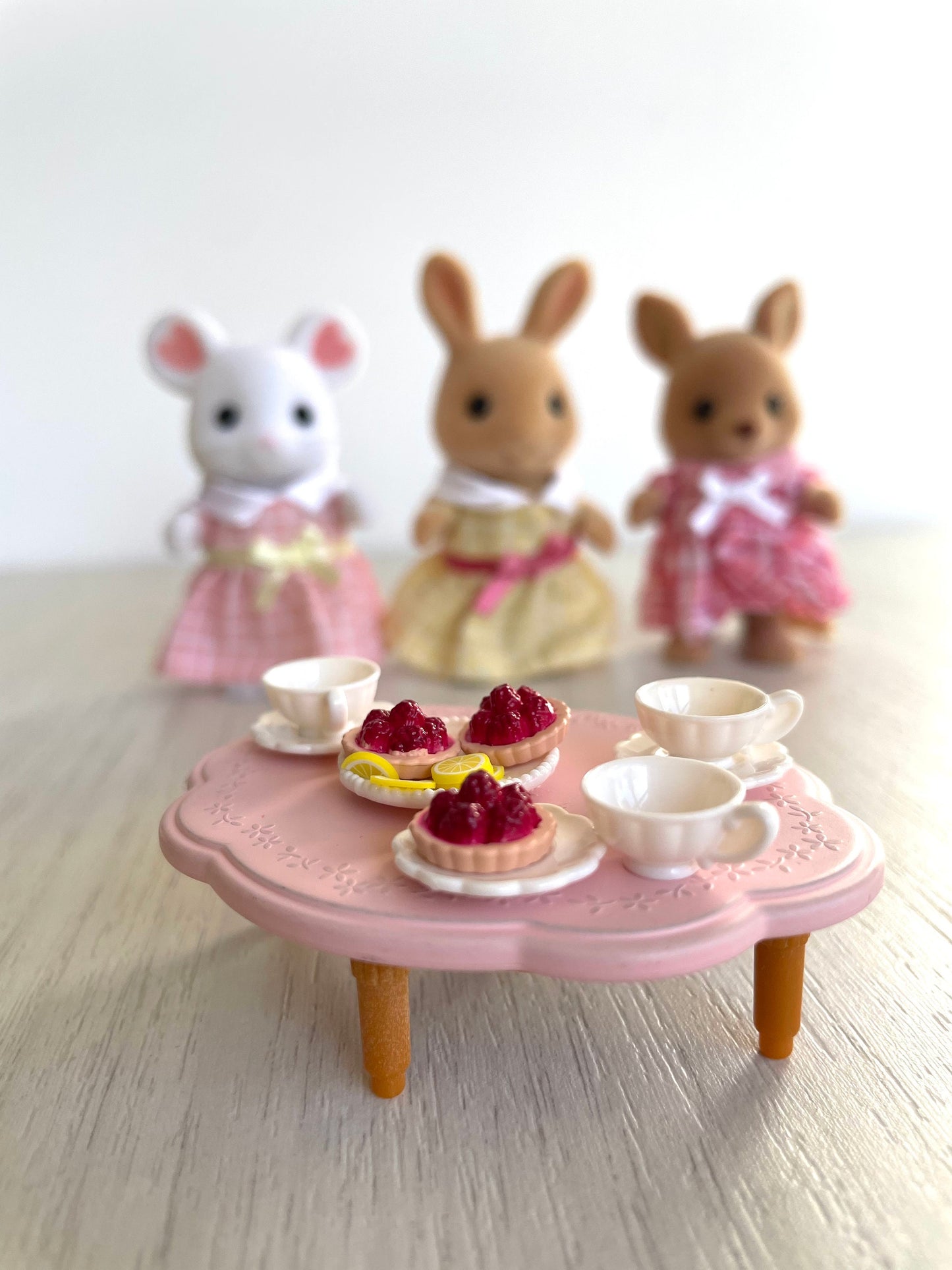 Calico Critters tea party custom set with kangaroo girl, bunny, mouse, tea cups, food pastries and table — Sylvanian Families