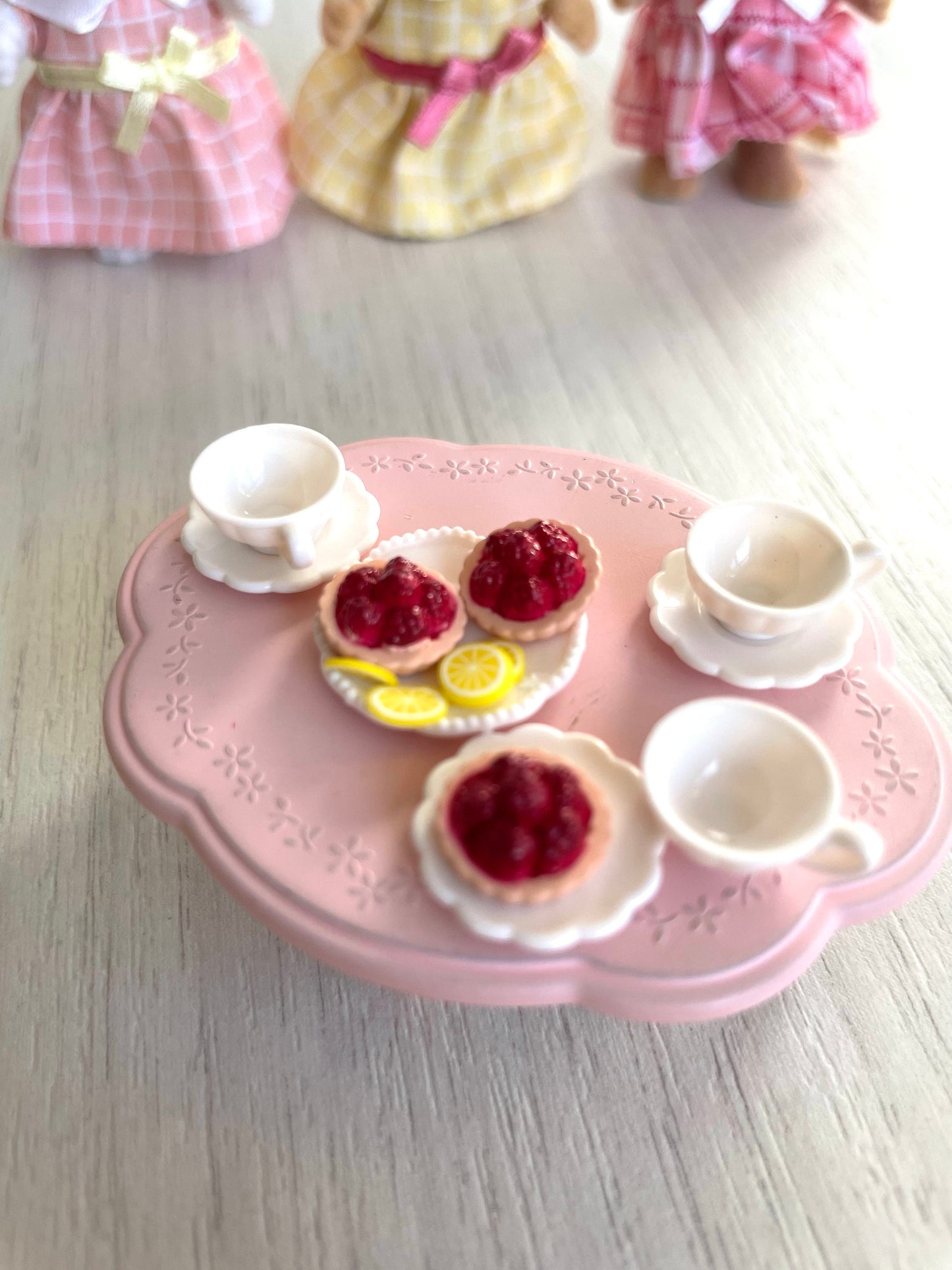 Calico Critters tea party custom set with kangaroo girl, bunny, mouse, tea cups, food pastries and table — Sylvanian Families