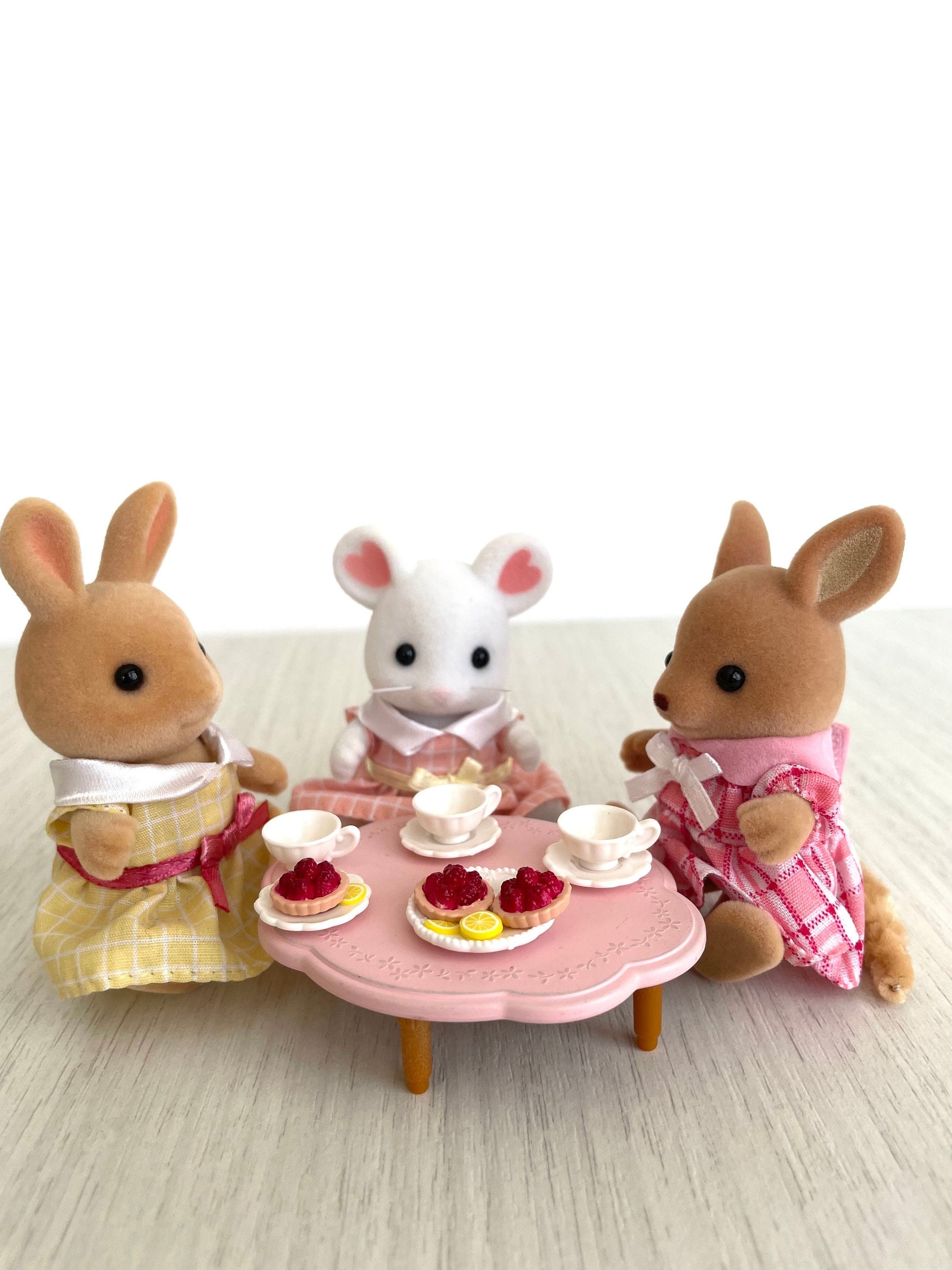 Calico Critters tea party custom set with kangaroo girl, bunny, mouse, tea cups, food pastries and table.