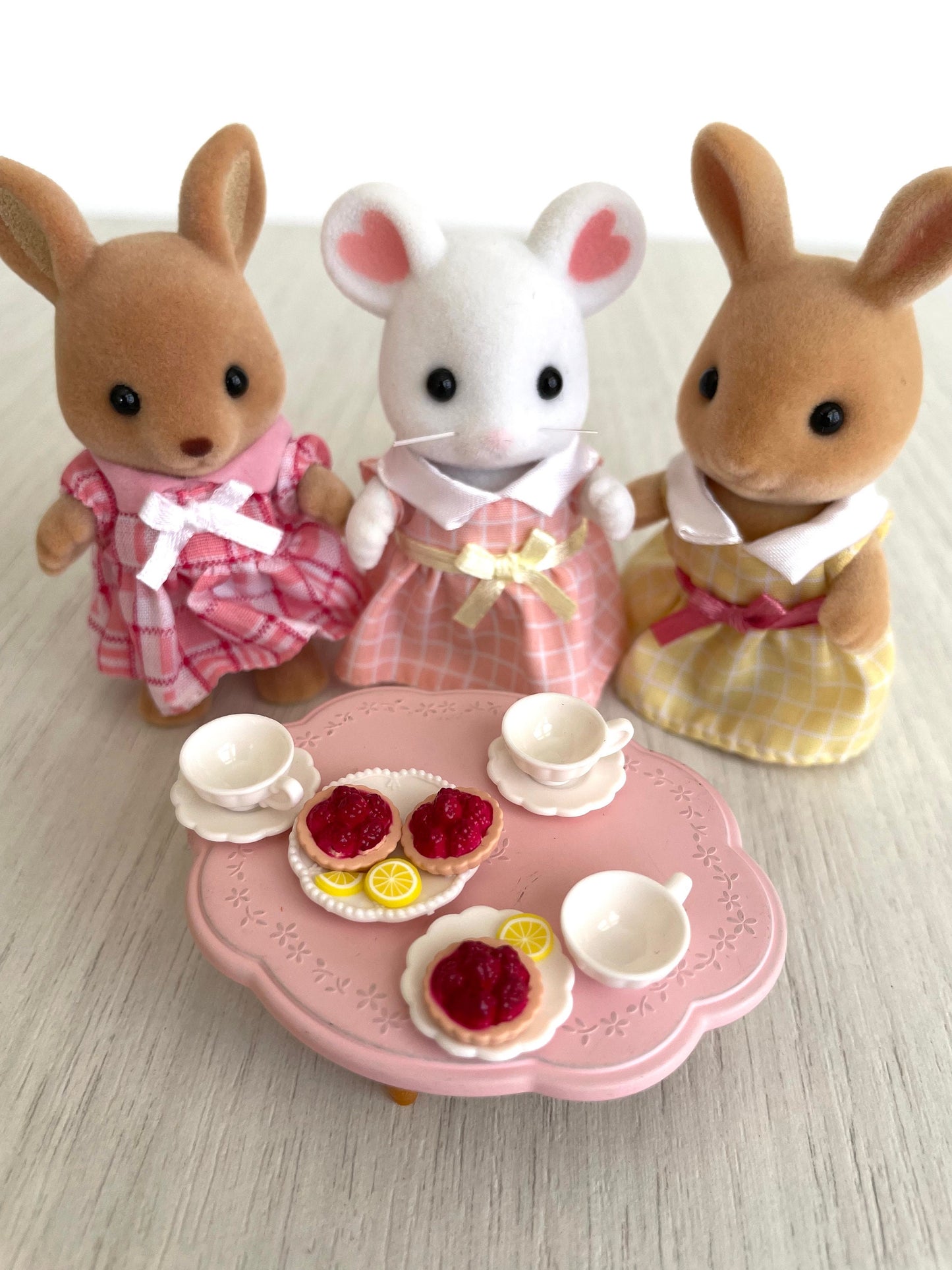 Calico Critters tea party custom set with kangaroo girl, bunny, mouse, tea cups, food pastries and table — Sylvanian Families