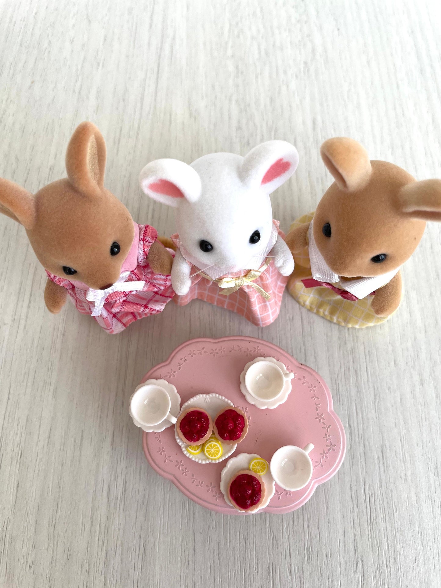 Calico Critters tea party custom set with kangaroo girl, bunny, mouse, tea cups, food pastries and table — Sylvanian Families