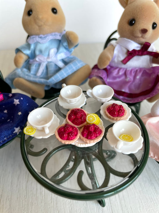 Calico Critters tea party custom set with kangaroo mom, sunny rabbit, marshmellow mouse, midnight cat, tea cups, food pastries and table — Sylvanian Families