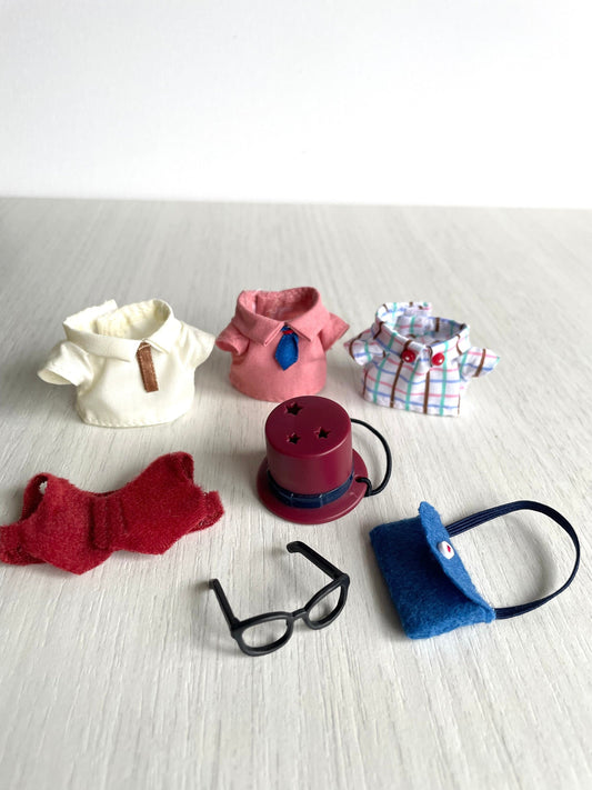 Calico Critters spare adult dad clothes, collared shirts, red vest, top hat, blue satchel, black glasses. Clothing spares for Sylvanian Families animals