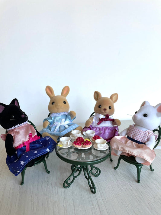 Calico Critters tea party custom set with kangaroo mom, sunny rabbit, marshmellow mouse, midnight cat, tea cups, food pastries and table.