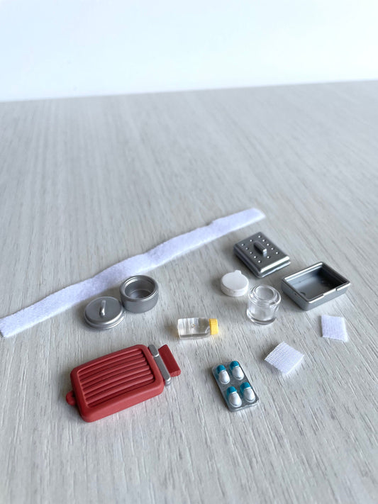 miniature medical equipment, Hot water bottle replacement, medicine, & bandages.  hospital accessories, spare parts, country clinic hospital