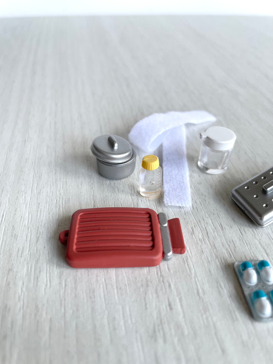 miniature medical equipment, Hot water bottle replacement, medicine, & bandages.  hospital accessories, spare parts, country clinic hospital — Calico Critters / Sylvanian Families