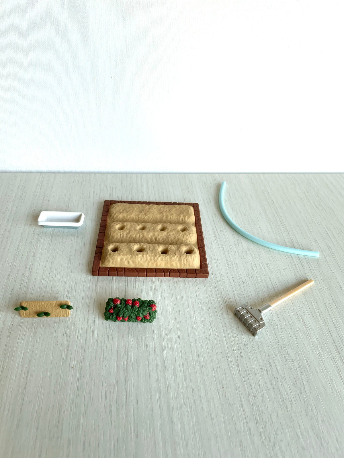 Sylvanian Families Vegetable patch spares, Calico Critters spare rake, planter, blue hose, plant pot, miniature gardening accessories