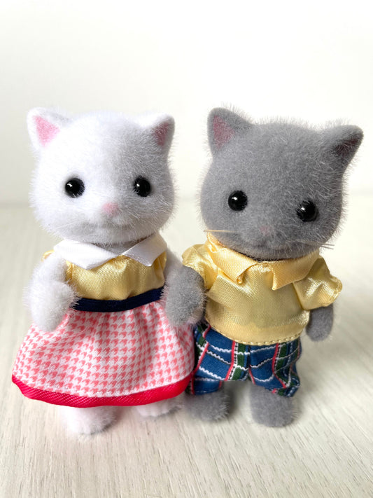 Love is Love Calico Critters grey persian cat with white kitty in matching yellow outfits and 50's style dress, cute custom critter couple!
