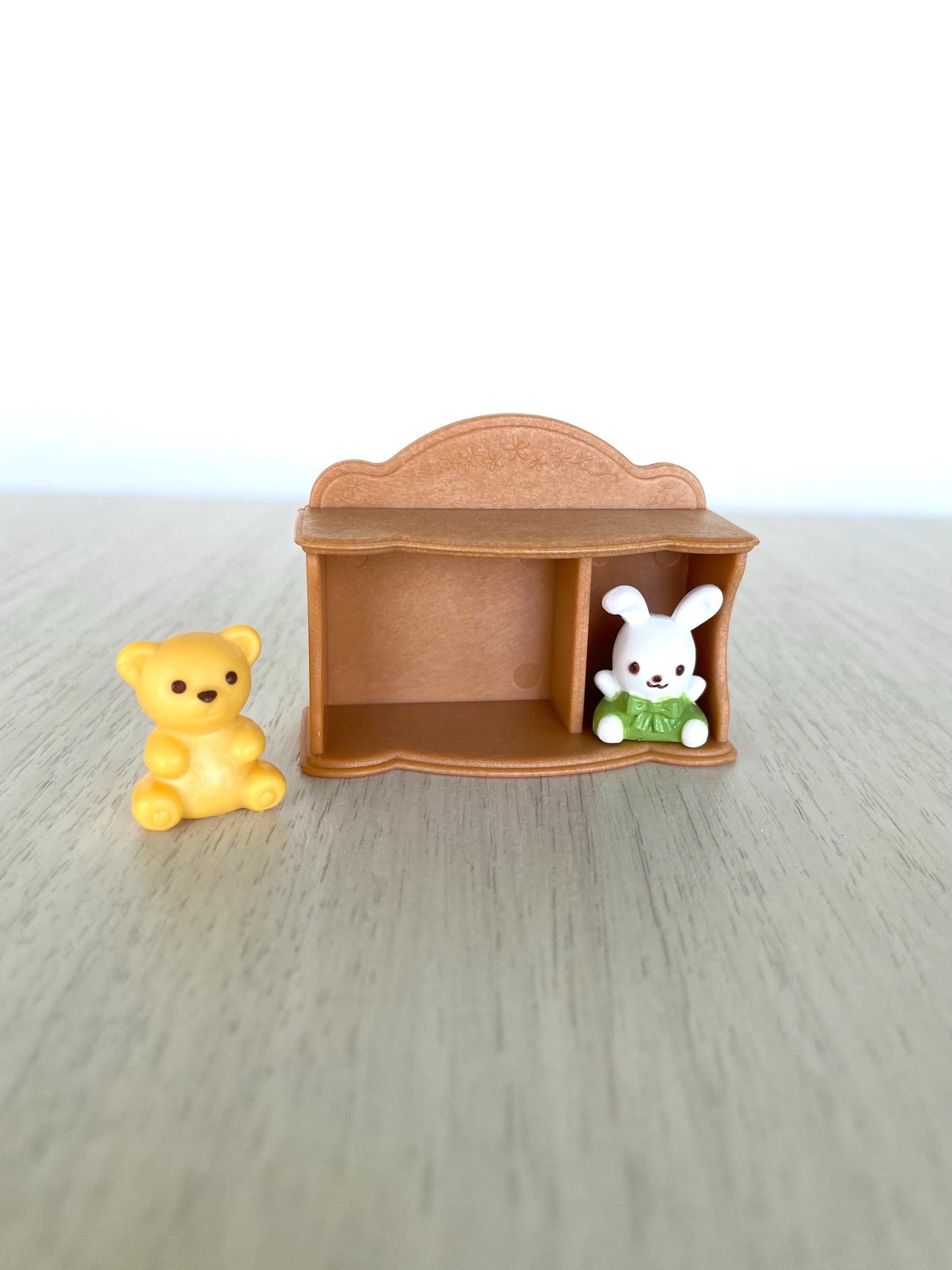 Calico Critters baby toys and tea party set with mini toy house, tea cups and kettle, cookies, little blue table, bookshelf, toy stuffies — Sylvanian Families