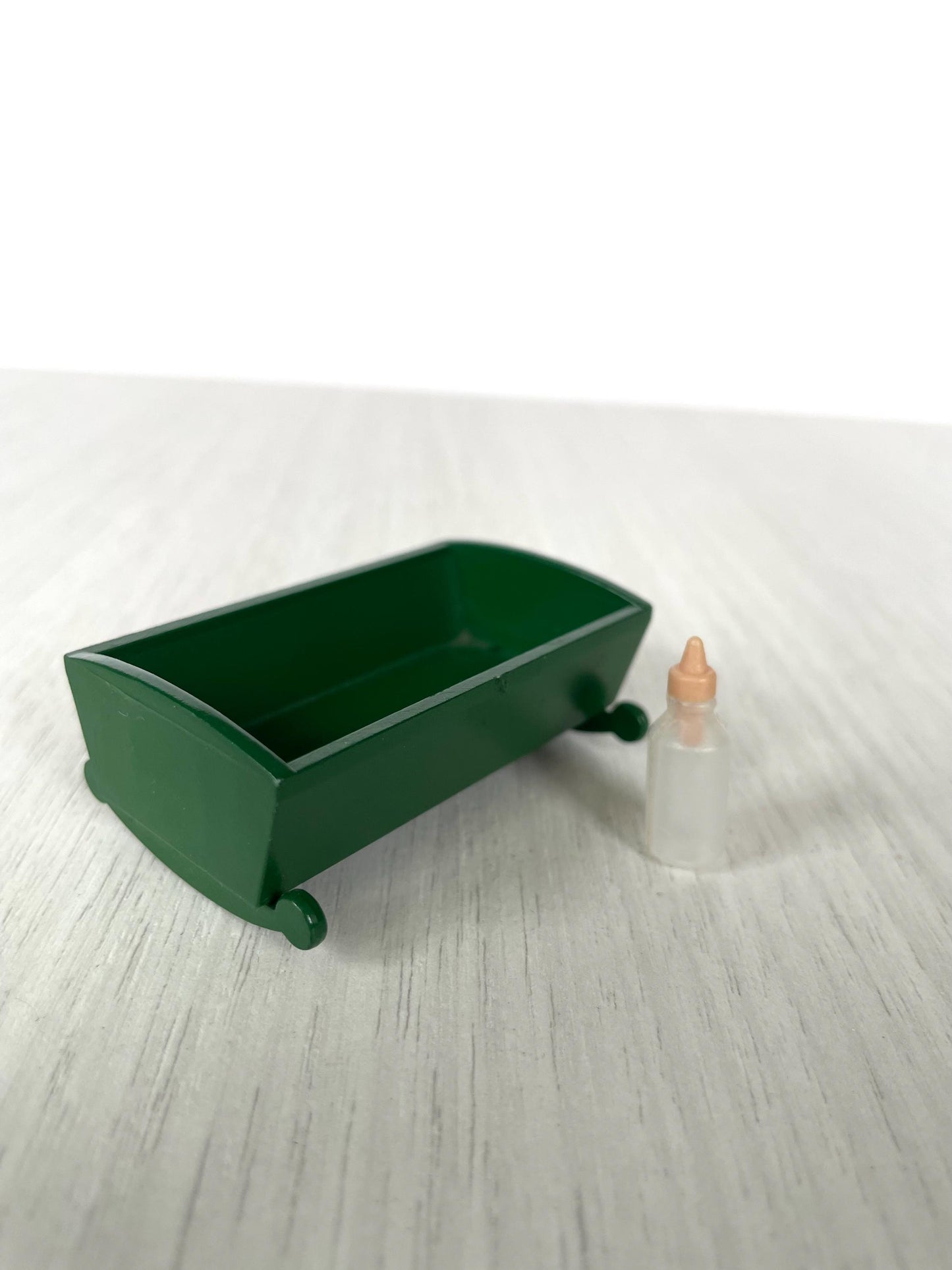 Vintage Sylvanian green crib and bottle, rocking bed for Calico Critters babies, discontinued old baby crib with baby bottle. Collectible Sylvanian families green crib