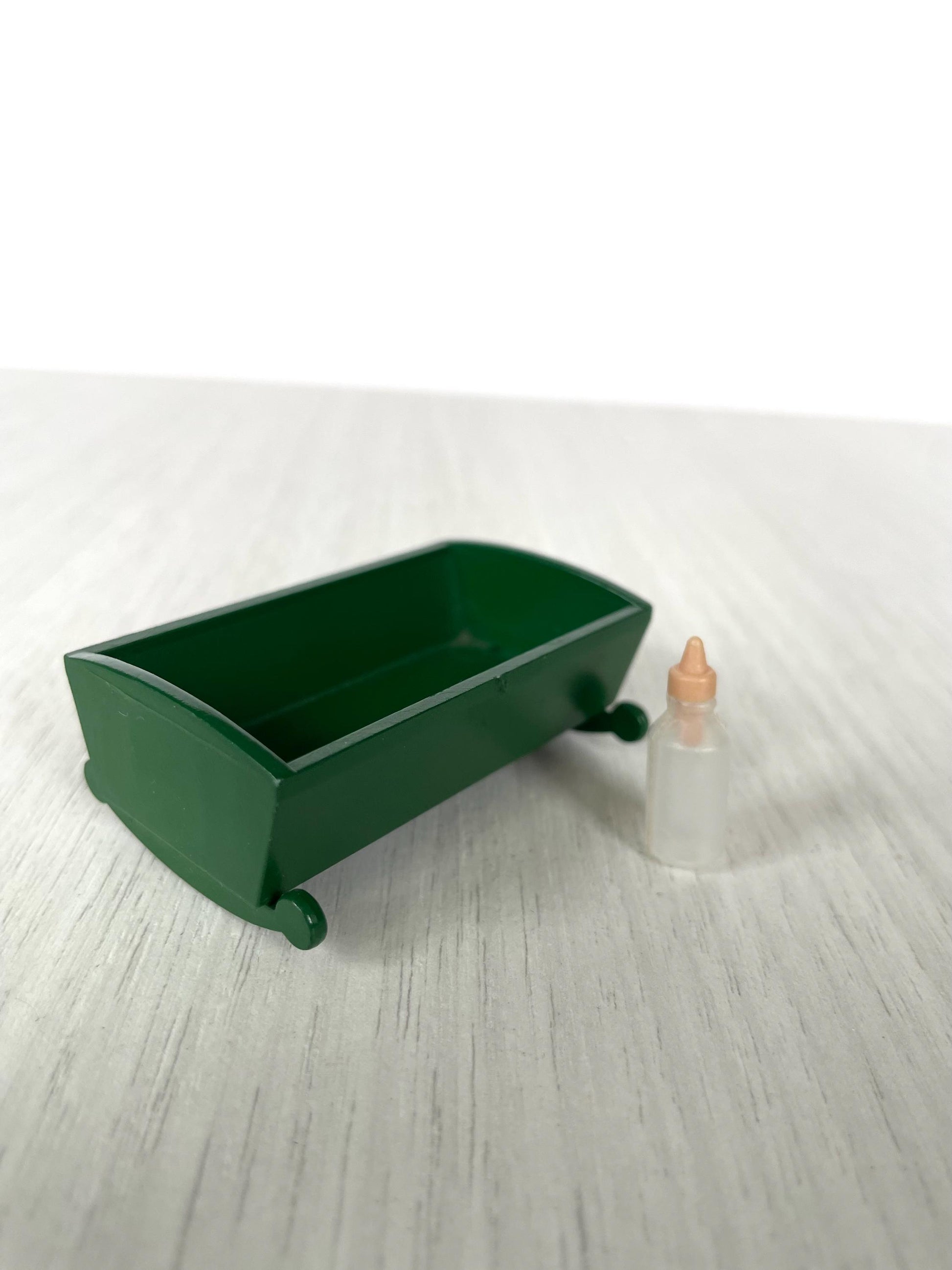 Vintage Sylvanian green crib and bottle, rocking bed for Calico Critters babies, discontinued old baby crib with baby bottle. Collectible Sylvanian families green crib