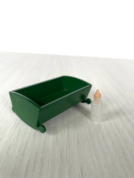 Vintage Sylvanian green crib and bottle, rocking bed for Calico Critters babies, discontinued old baby crib with baby bottle. Collectible Sylvanian families green crib