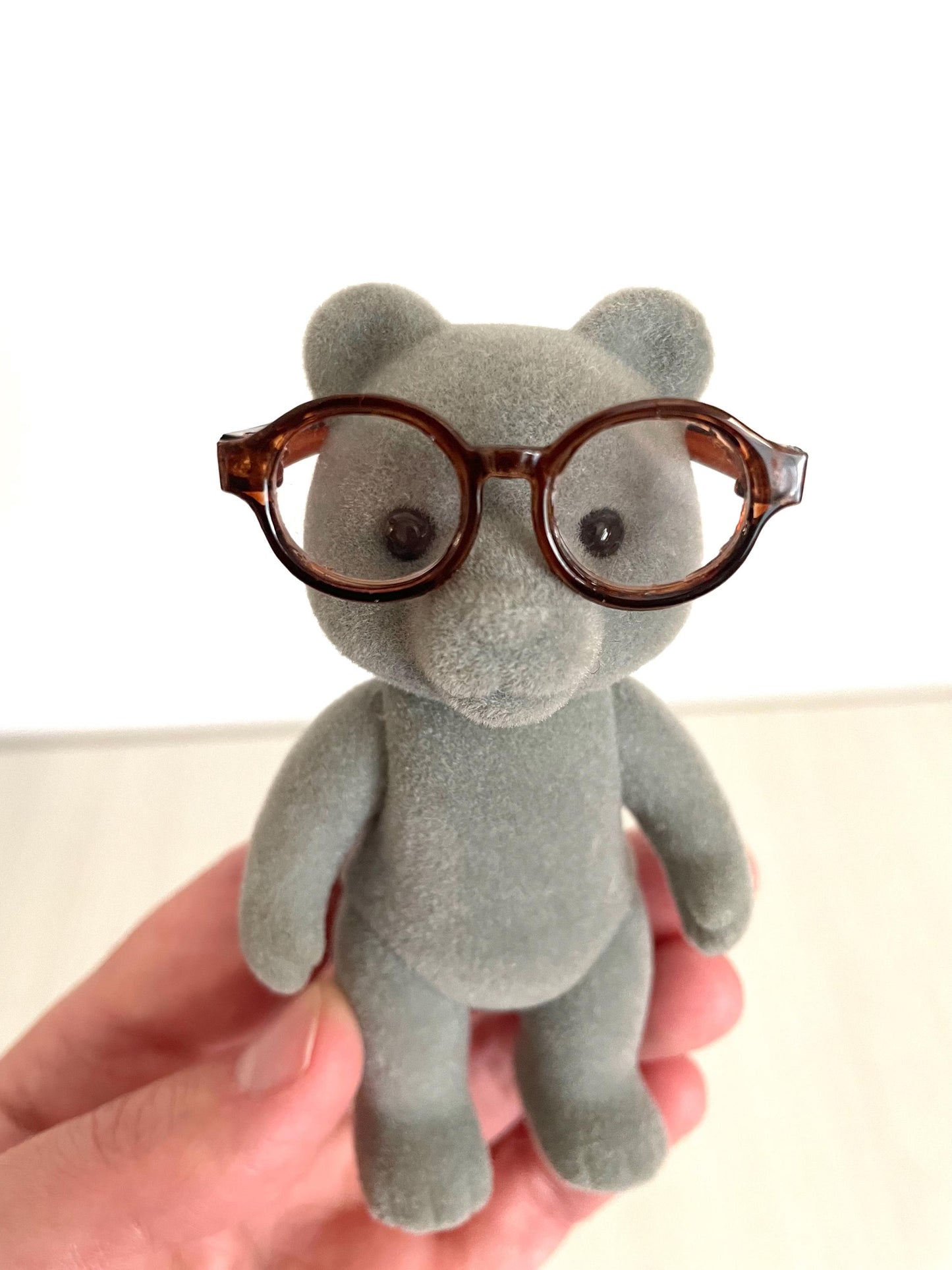 Miniature bear figurine with jointed arms and legs. Vintage grey bear adult 1985 Tomy Sylvanian Families Evergreen Bear from the United Kingdom wearing glasses