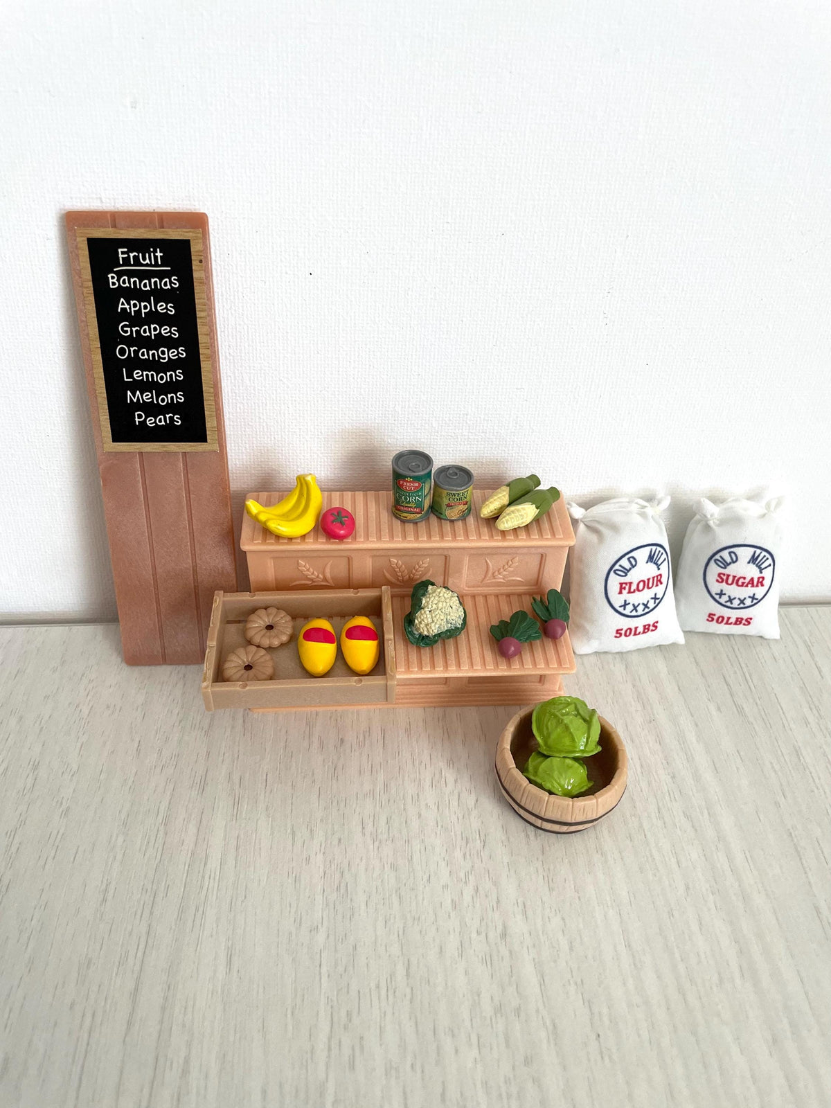 Custom farm table and vegetable garden stand with sugar sack, custom farmer's market stall with canned goods and Calico Critters accessories, Sylvanian Families, photo 5