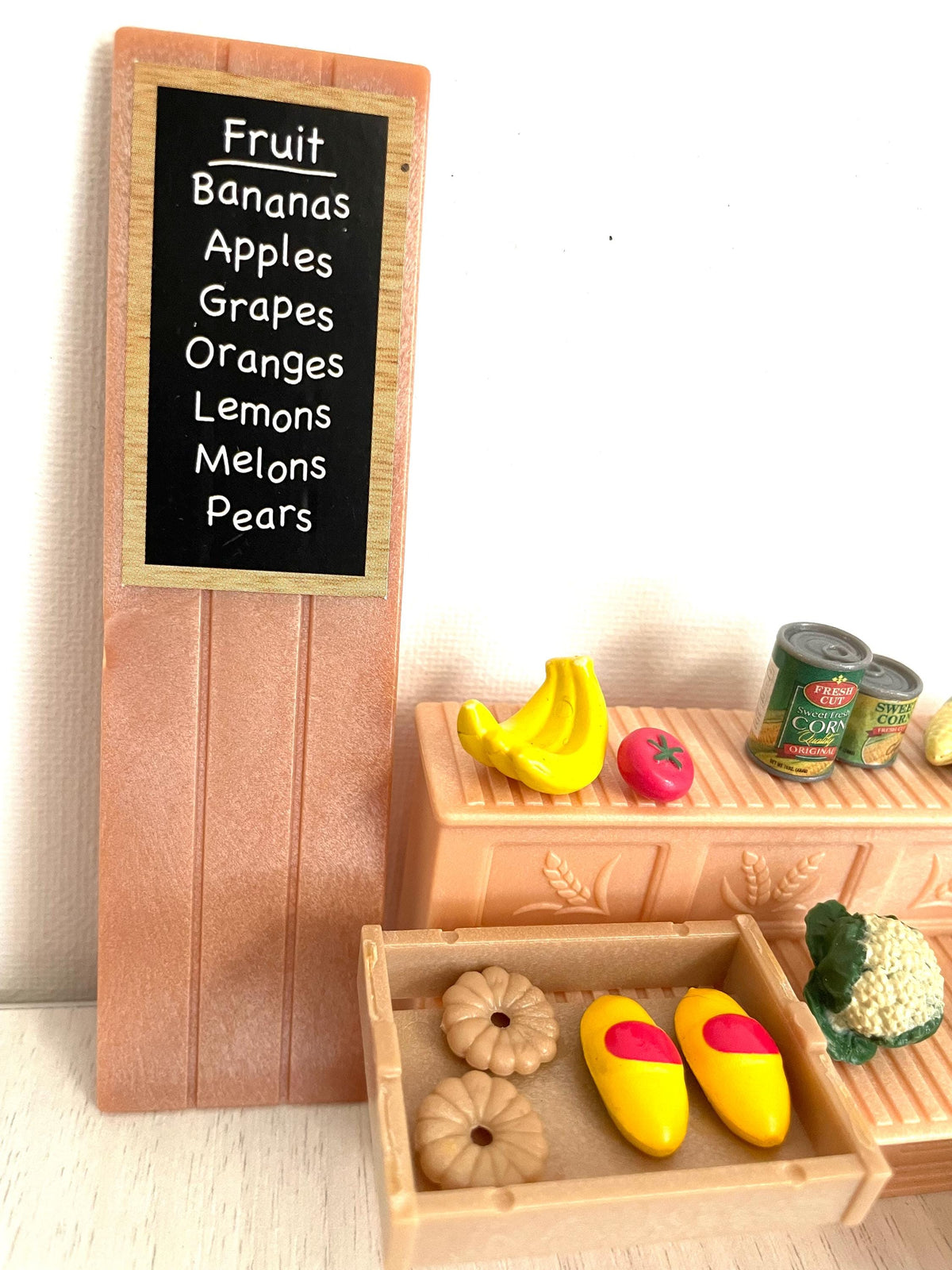 Custom farm table and vegetable garden stand with sugar sack, custom farmer's market stall with canned goods and Calico Critters accessories