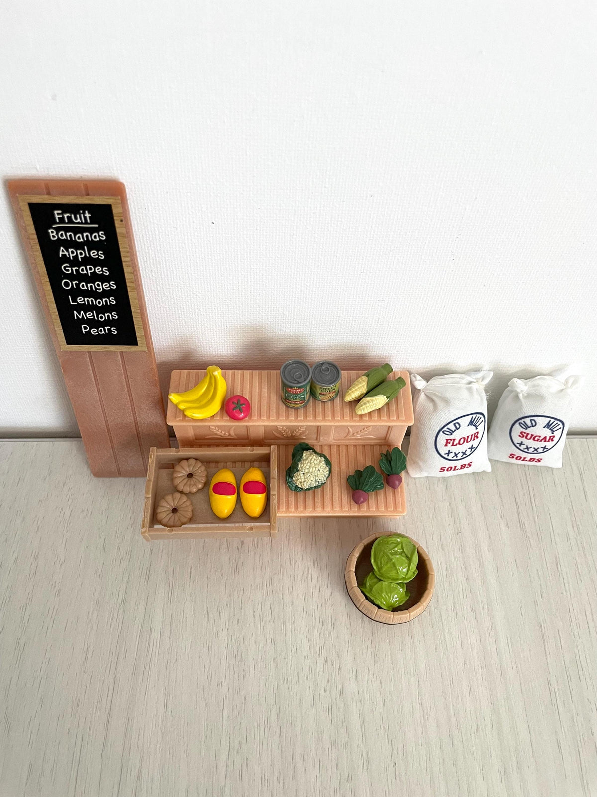 Custom farm table and vegetable garden stand with sugar sack, custom farmer's market stall with canned goods and Calico Critters accessories, Sylvanian Families, photo 7