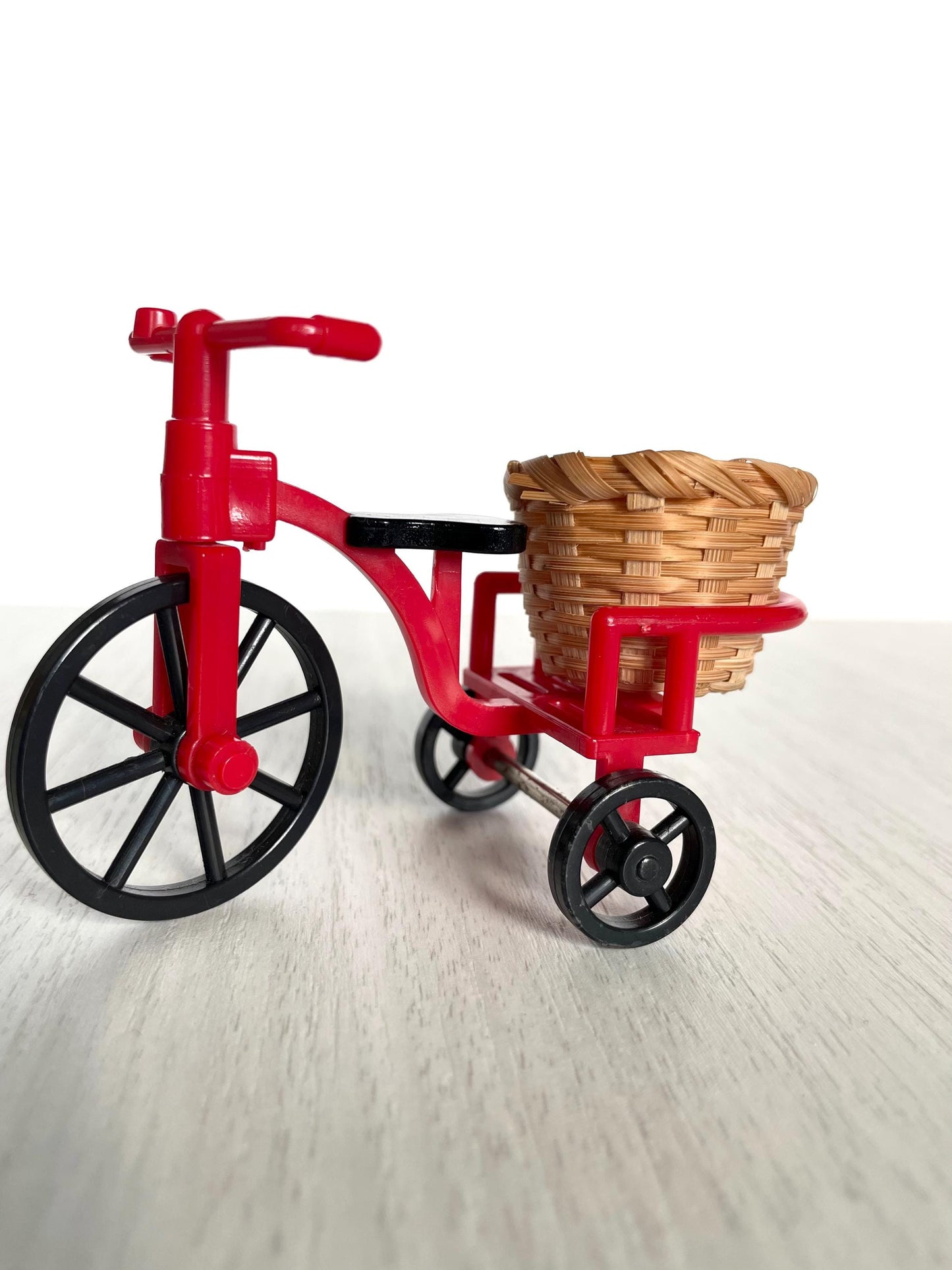 Vintage Sylvanian red bicycle with wicker basket, Calico Critters Collector's item from the United Kingdom
