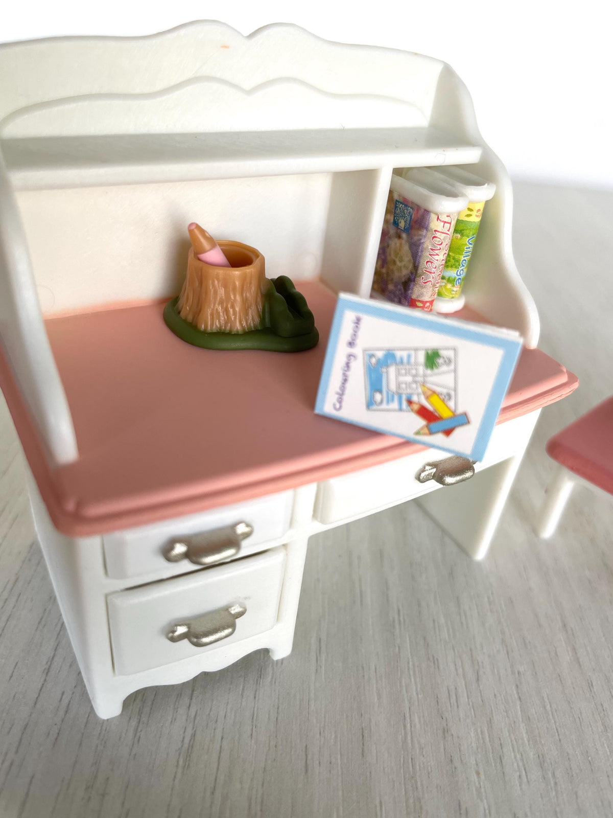 Calico Critters Dollhouse Desk, Sylvanian Families pink and white desk with chair, pencil, books, colouring book, all in new condition, photo 2